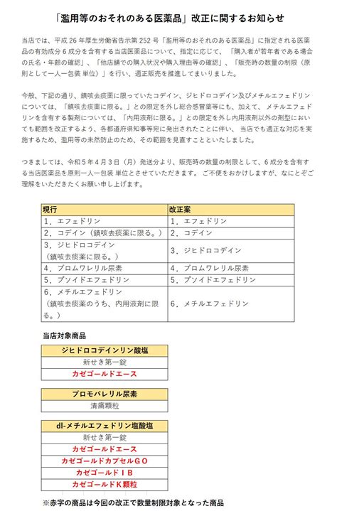 【楽天市場】お知らせ 「濫用等のおそれのある医薬品」改正に関するお知らせ：医薬品会社直営店いきいきメディカ