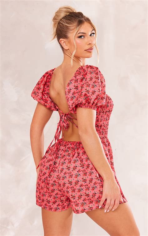 Pink Floral Puff Sleeve Shirred Tie Back Playsuit Jumpsuits