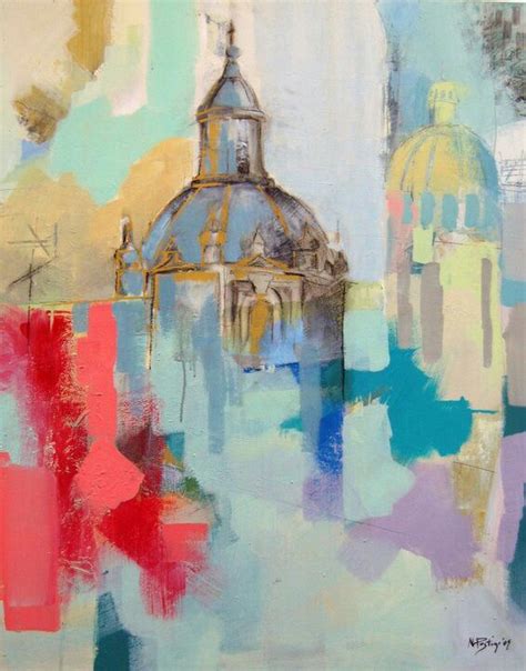 An Abstract Painting Of A Church With Blue Domes And Red Yellow Green