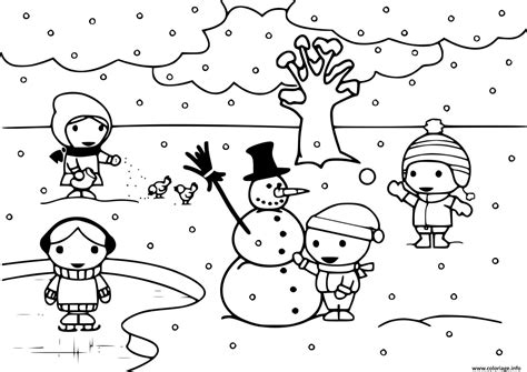 Coloriage Enfants Jouent Avec La Neige En Hiver Dessin Hiver Imprimer