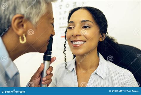 Woman Eye Care And Medical Test With Ophthalmoscope To Check For