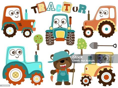 Set Vektor Kartun Traktor Lucu Dengan Beruang Lucu Dalam Kostum Petani