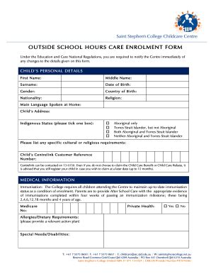 Fillable Online Oshc Enrolment Form Saint Stephen S College Fax Email