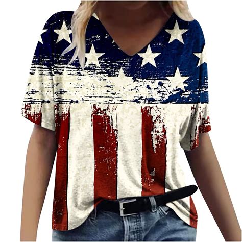 Reoriafee Plus Size American Flag Tops Women 4th Of July Shirt Patriotic Stars Stripes Print