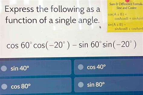 Solved Sum Difference Formula Express The Following As A Sine And Co