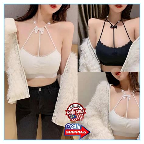 💗ready Stock💗 Ladies Halter Bowknot Pearl Strap Lace Tube Top Ves T