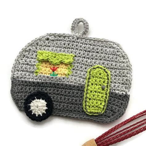 Airstream Camper Potholder Rv Pot Holder Crochet Trivet Glamping Green