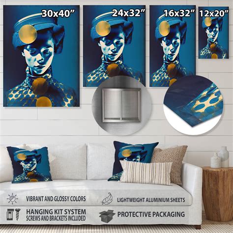 Designart Avant Garde Model In Gold And Retro Blue Iii Fashion Woman Metal Wall Art Bed Bath