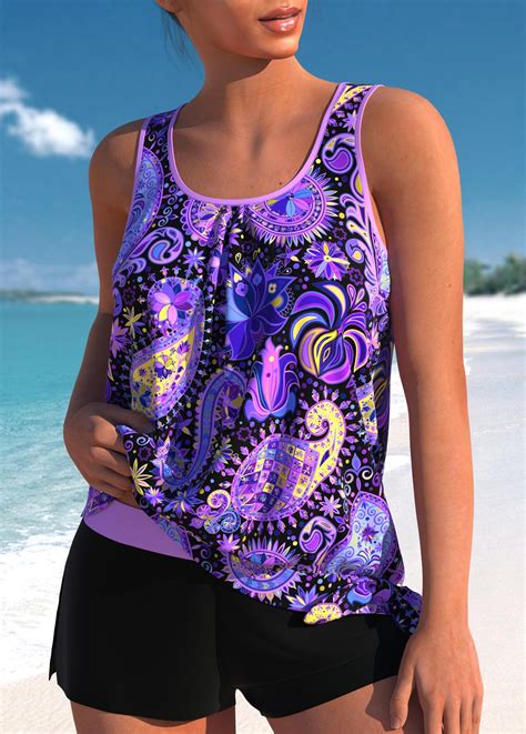 Mid Waisted Paisley Print Bowknot Purple Tankini Set Rosewe Usd