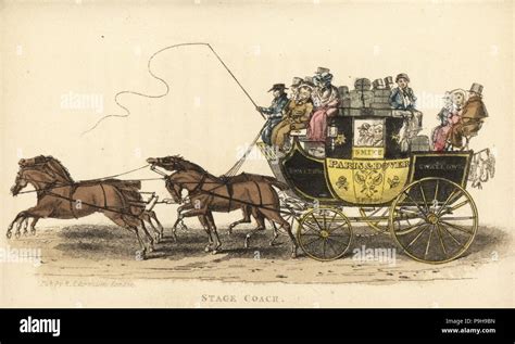 Paris And Dover Stagecoach With Four Horses Coachman With Whip Footman