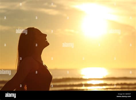 Side View Of Back Light Of A Woman Silhouette Breathing Deep Fresh Air