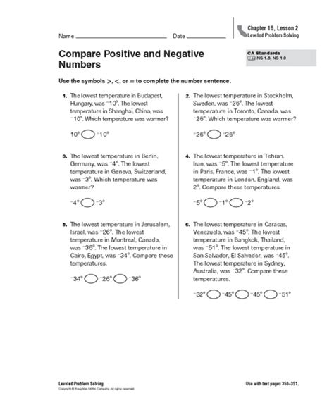 Comparing Positive And Negative Numbers Worksheet