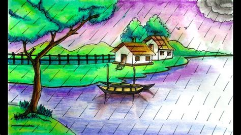 How To Draw Rainy Season Natural Scenery By Indrajit Art School