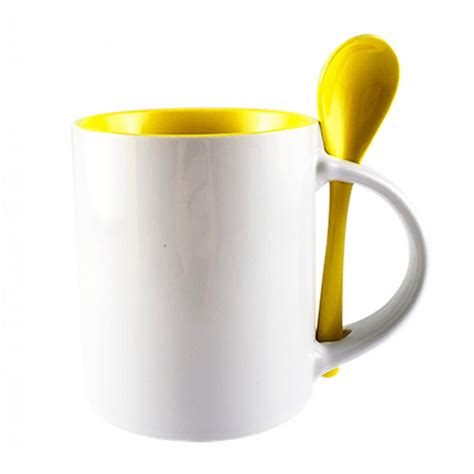 Caneca Ceramica Ml Branca Colher E Interna Amarelo Reta