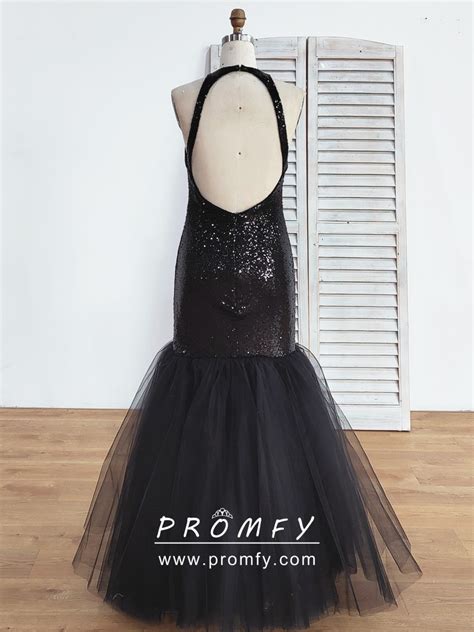 Promfy Halter Neck Black Sequin And Tulle Trumpet Long Dress