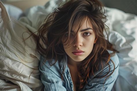 Woman Lying In Bed With White Sheets In Blue Shirt Premium Ai Generated Image