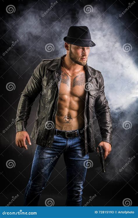 Man Wearing Leather Jacket On Naked Muscular Torso Stock Image Image