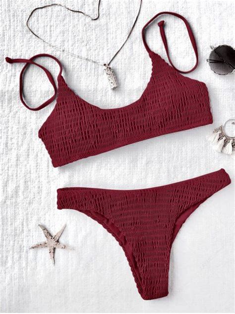 Off Padded Smocked Bralette Bikini Set In Red Zaful