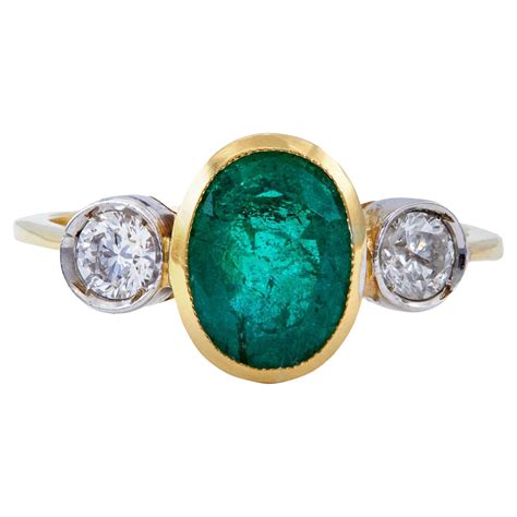 Vintage Gia Zambian Emerald And Diamond K Two Tone Three Stone Ring