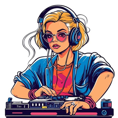 Retro Belle Fille Dj Portant Un Casque Et Des Lunettes Dans La