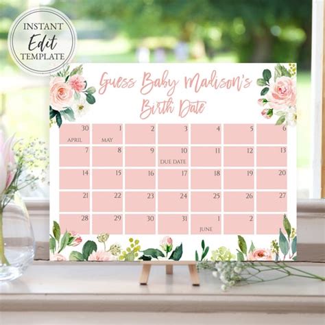 Blush Pink Floral Baby Shower Due Date Calendar Template Etsy