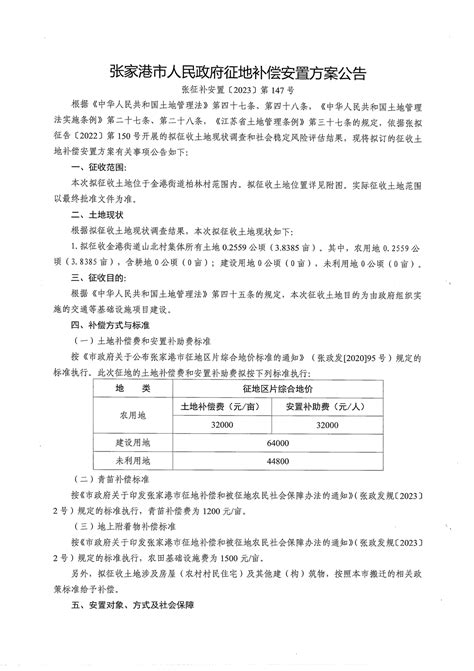 征地补偿安置方案公告（张征补安置[2023]第146号、第147号、第148号、第149号、第150号、第151号） 张家港市自然资源和规划局