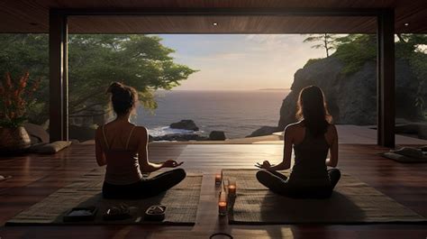 Two Women Doing Yoga In Front Of A Cliff With The Ocean In The