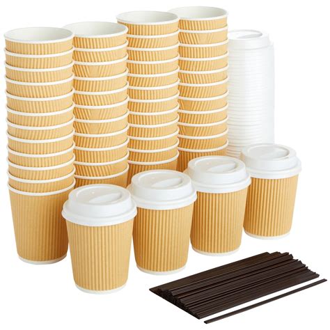 Juvale 8 Oz Disposable Coffee Cups With Lids And Straws Kraft Paper Ripple Design Small Hot