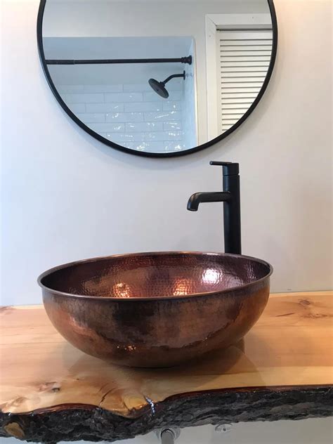 Round Hammered Copper Sink For Bathroom Farmhouse Etsy Hammered Copper Sink Bathroom Copper