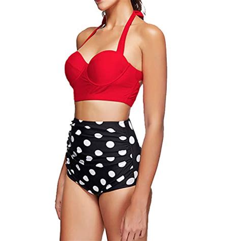ᐅ UPhitnis Damen Bikini Set Bademode Retro Stil Blumen Falten Badeanzug Rot Gr XL