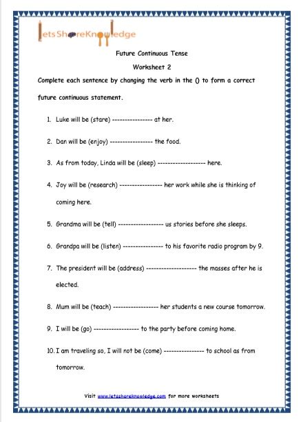 Grade 4 English Resources Printable Worksheets Topic Future Continuous Tenses Lets Share