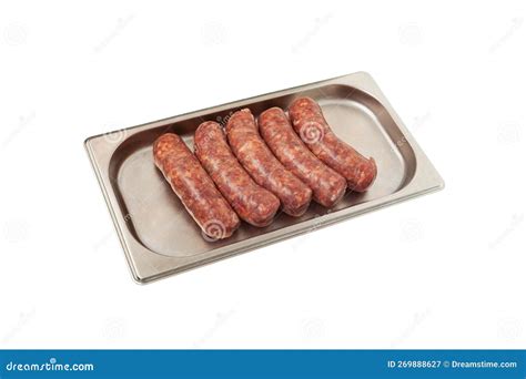 Raw Barbecue Sausages Products On Metal Tray Frankfurters Natural