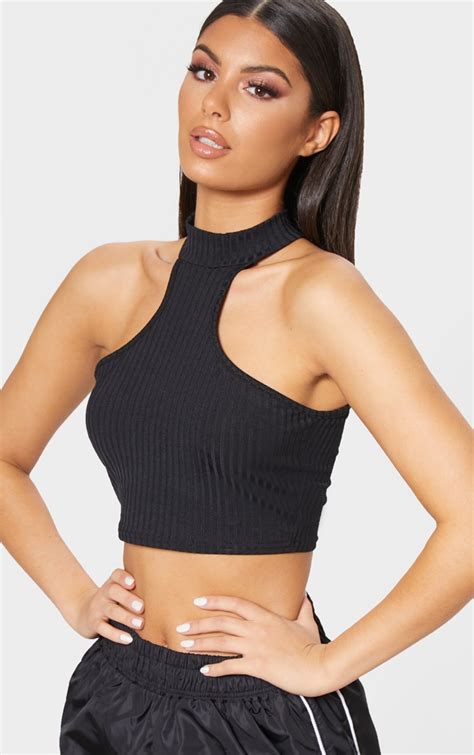 Black Rib High Neck Sleeveless Crop Top Prettylittlething Usa