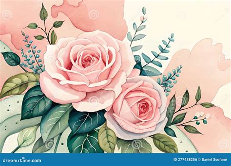 Watercolor Floral Frame Composition With Roses And Eucalyptus