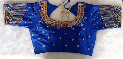 Royal Blue Maggam Work Peacock Design Blouse Aari Work Saree Etsy