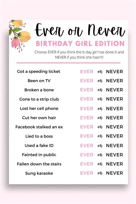 Adult Birthday Party Games Ever Or Never Birthday Game Etsy Adult