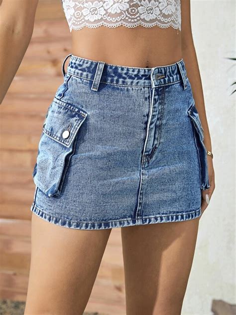 SHEIN Essnce Flap Pocket Denim Skirt SHEIN USA