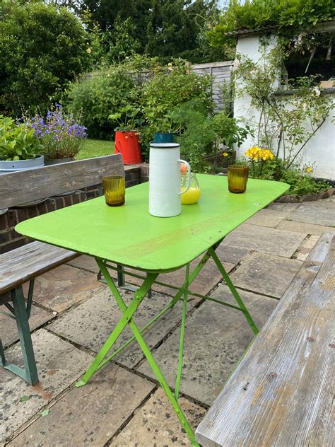 Vintage Bright Green French Garden Bistro Table Blue Ticking