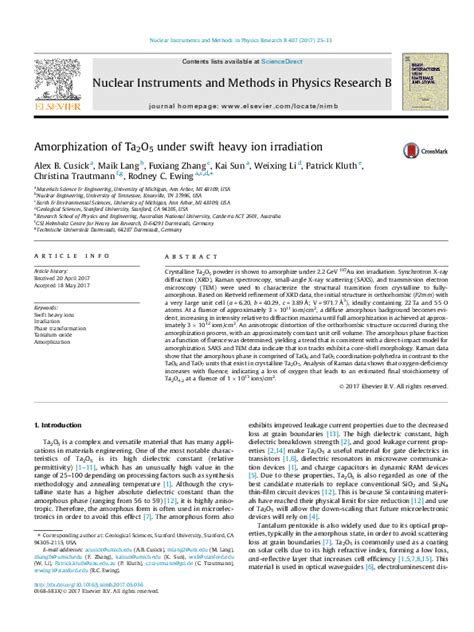 Pdf Amorphization Of Ta2o5 Under Swift Heavy Ion Irradiation