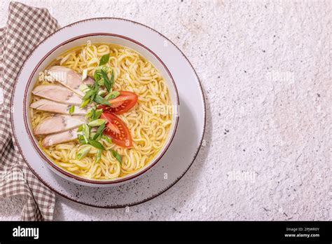 Spicy Noodles With Beef Broth Hot Dish Cutlery Hard Light Dark Shadow Stone Concrete