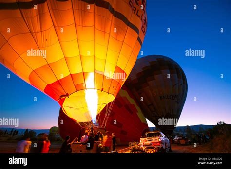Firing A Burner Of Hot Air Balloon In Cappadocia Goreme Nevsehir Turkey Stock Photo