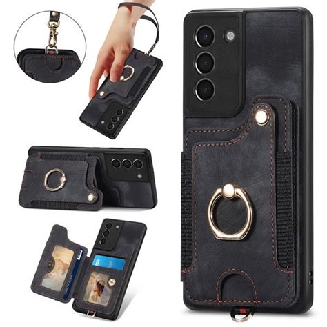 Samsung Galaxy S21 Fe Leather Wallet Case With Rfid Credit Card Holder Wrist Strap Ring Stand Black