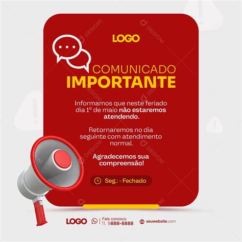 Comunicado Feriado Dia do Trabalhador Social Media PSD Editável