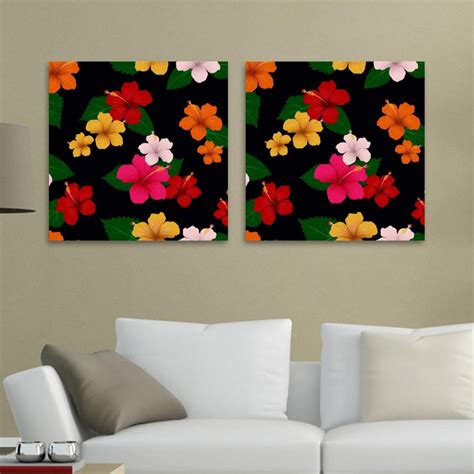 Ownta Tropical Flora With Hibiscus Flowers Leaves Pattern 2pc Canvas