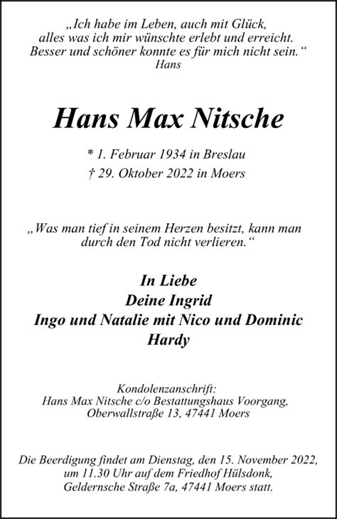 Traueranzeigen Von Hans Max Nitsche Trauer In NRW De