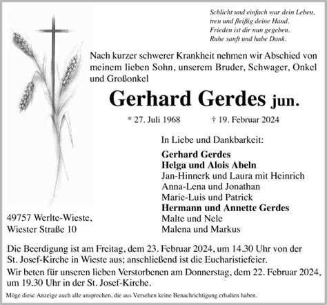 Traueranzeigen Von Gerhard Gerdes Noz Trauerportal