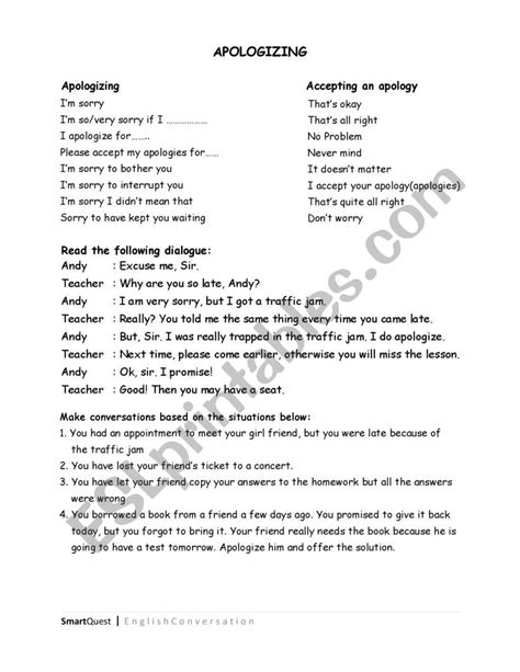 Apologizing Expressing And Responding To Apologies Esl Worksheet By