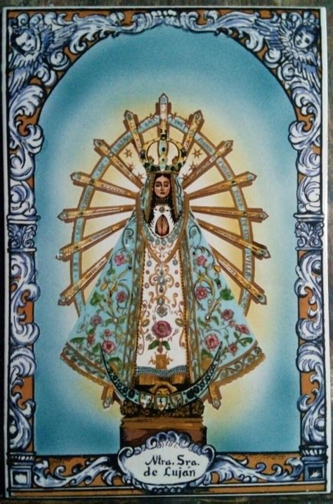 An Image Of The Virgin Mary Of Guadalupe In Blue And Gold Colors With