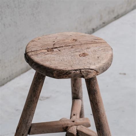 Tabouret Vintage En Bois Primitif France