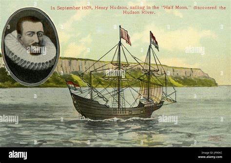 Henry Hudson (c. 1565 - 1611), sea explorer and navigator, and his ship ...